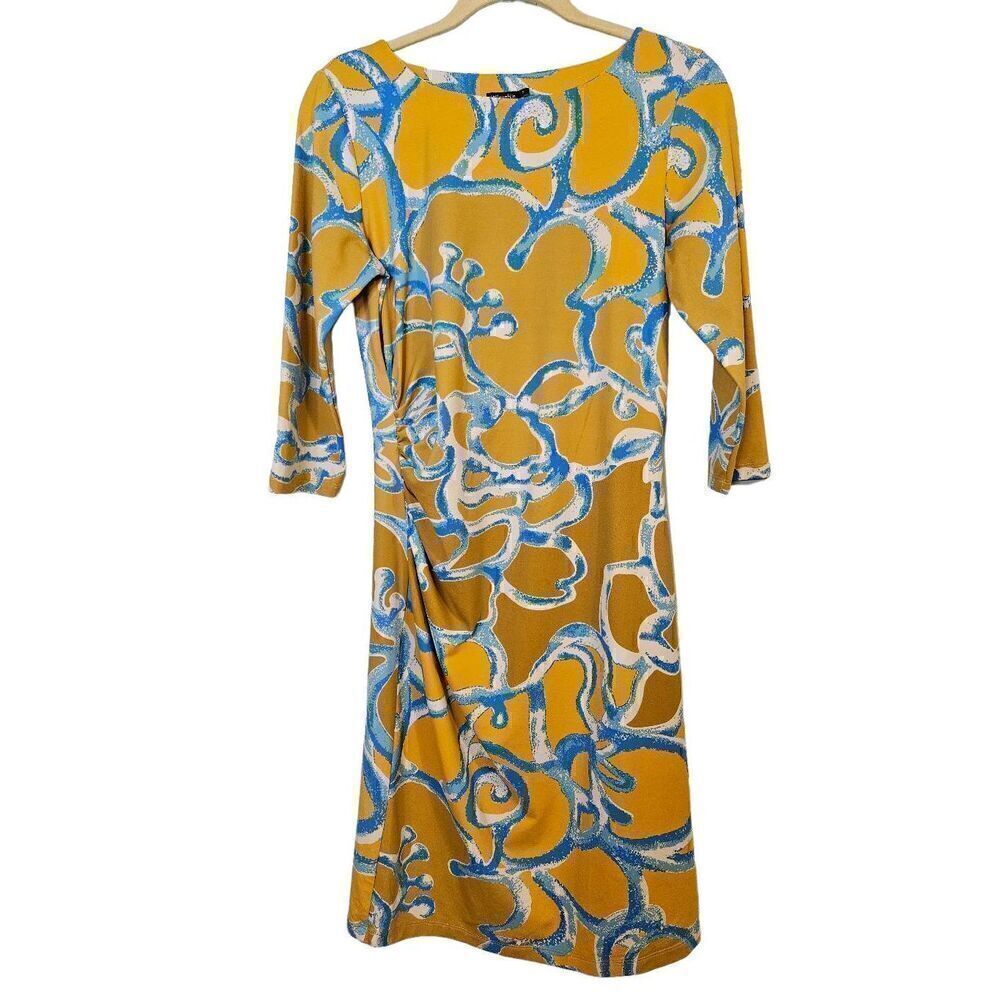 J. McLaughlin yellow with blue and white pattern dress with  cinched side. Size